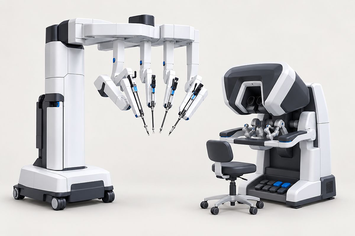 Illustration of a robotic surgical system with its instrument arms and the surgeon's console