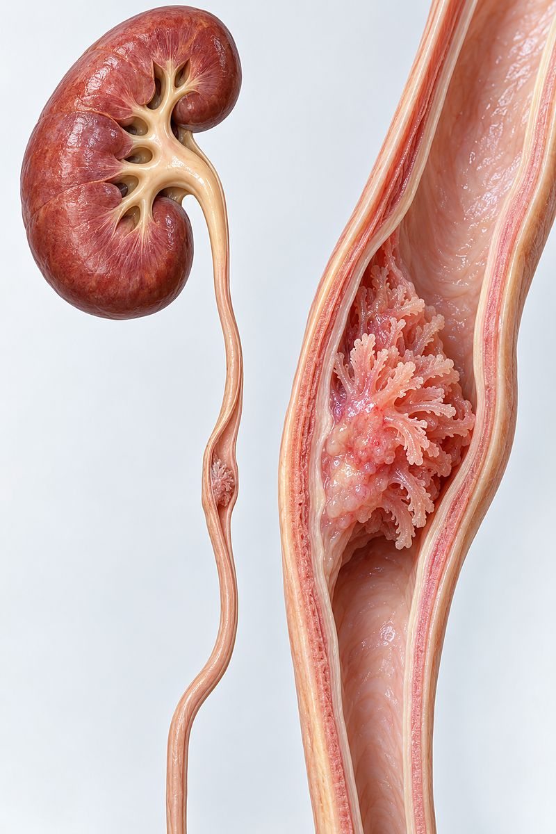 Illustration of a kidney and ureter, with a close-up of a tumour growing inside the ureter